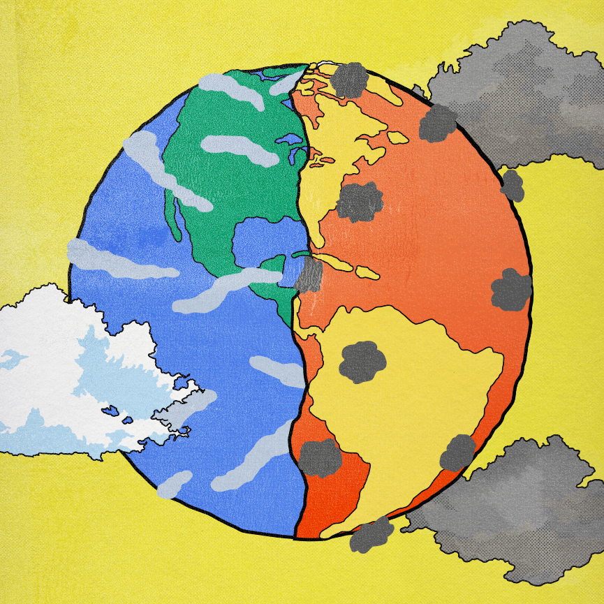 A square image of the Earth on a yellow background; the left half is verdant and blue with white clouds, and the right half is fiery orange and yellow with plumes of smoke.
