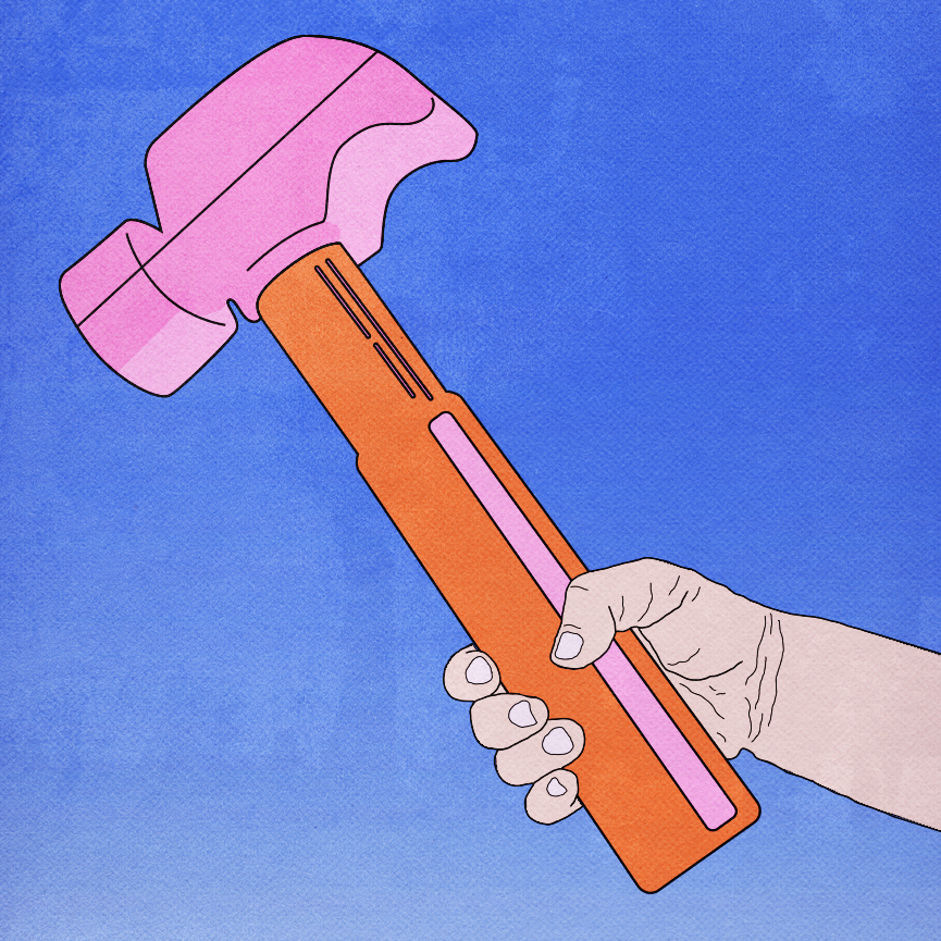 A small, childlike hand holds a large hammer.