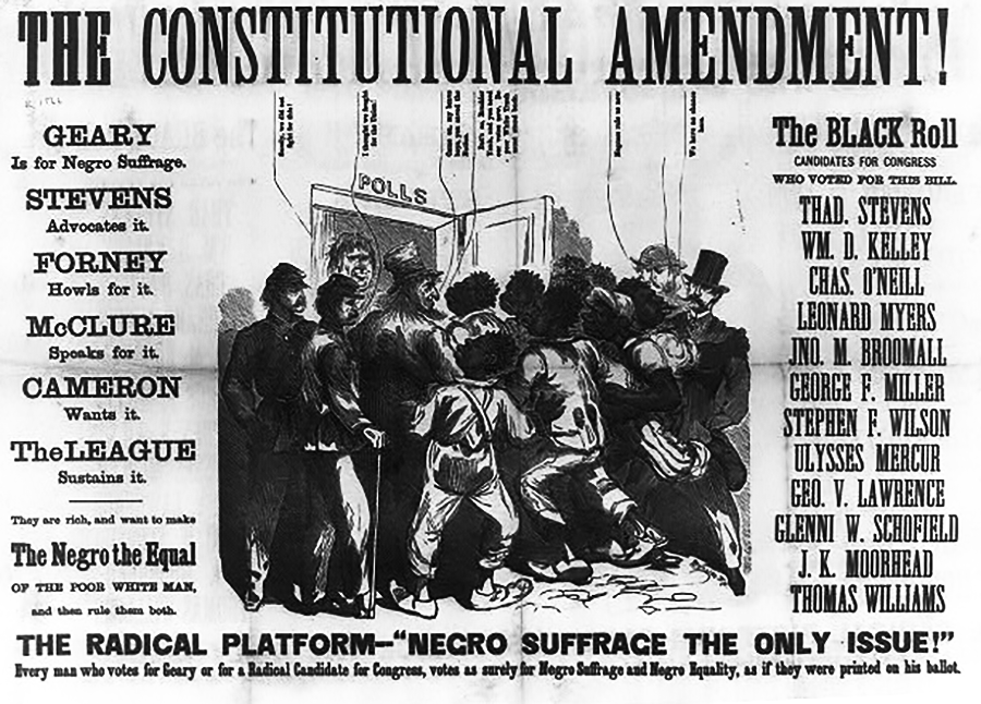 The Fifteenth Amendment and Its Results, 1870: In a poster commemorating the ratification of the Fifteenth Amendment, columns that read &ldquo;Education&rdquo; and &ldquo;Science&rdquo; are topped by the text of the amendment itself: &ldquo;The Right of Citizens of the United States to Vote Shall Not Be Denied or Abridged by the United States or Any State on Account of Race Color or Condition of Servitude,&rdquo; above a scene of celebration in Baltimore.