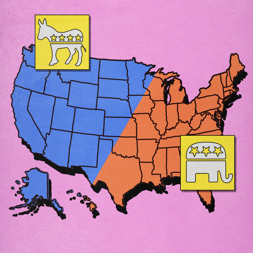 A stylized map of the United States is split by a slash of color between red and blue, with a yellow elephant icon superimposed on the red half of the map and a yellow donkey icon superimposed on the blue half of the map