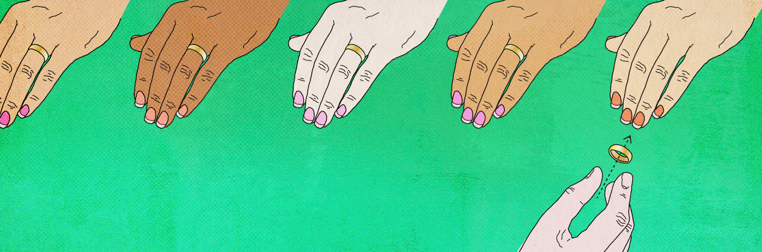 A banner with five female hands of various tones aligned across the top against a green background. The first four hands have rings; a male hand seemingly presents a ring to the fifth.