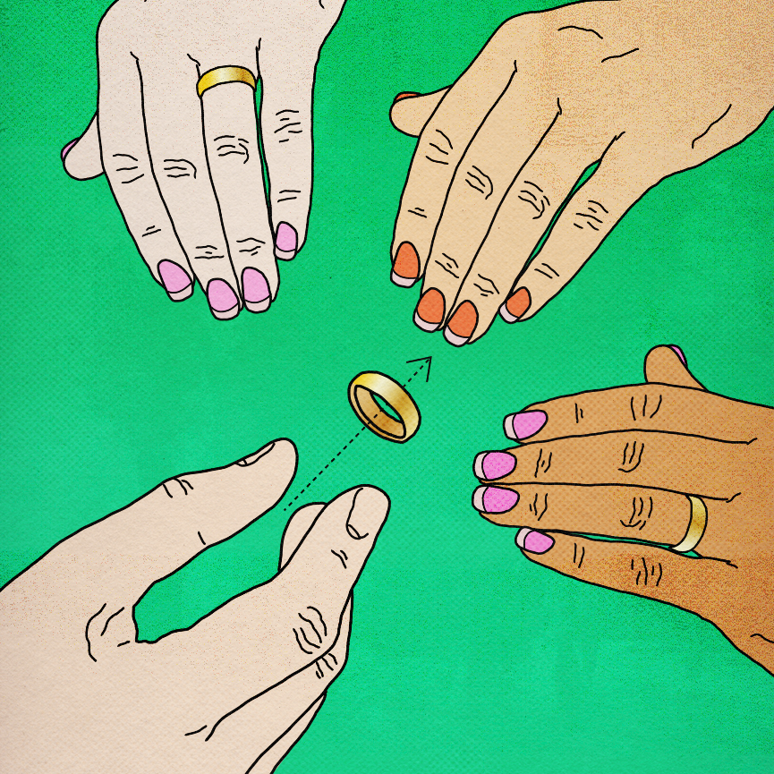 A banner with four hands of various tones arranged in a circle. Two hands have rings; one of the remaining hands presents the last unadorned hand with a ring.